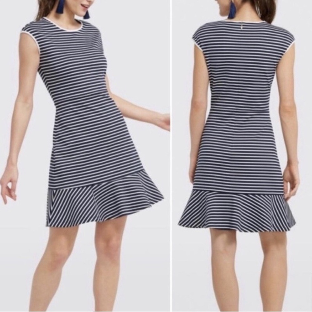 Draper James New Size L Navy Blue White Striped Ruffle Hem Sleeveless Dress